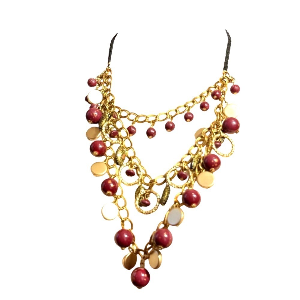 Gold & Plum Multi-Strand Statement Necklace - shortest 20" 3" extension‎